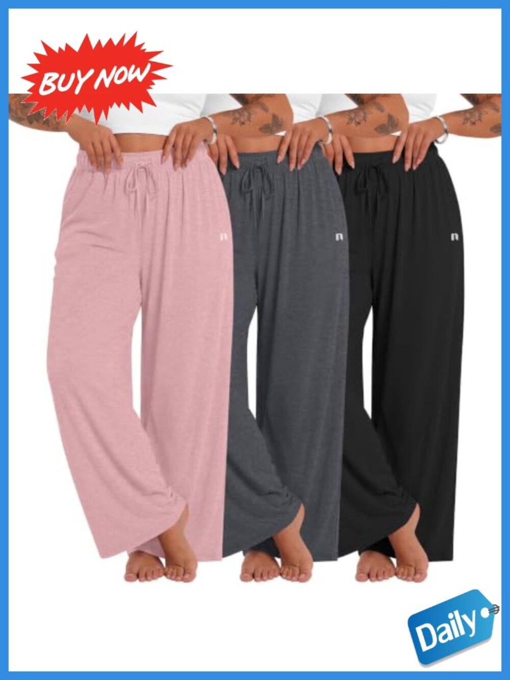 3 Pack Wide Leg Lounge Pants Plus Size Drawstring Pockets Stretch